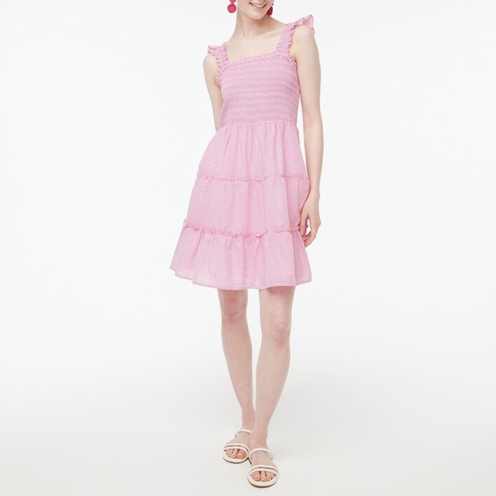 J. Crew Women's Pink White Striped Smocked Mini 100% Cotton Tiered Dress Sz XL